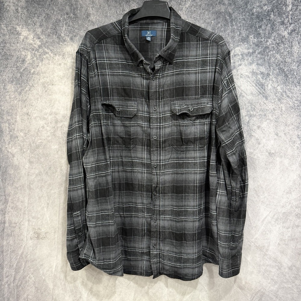 George Men's 3XLT Black Gray Plaid Flannel Shirt Long Sleeve Button Front